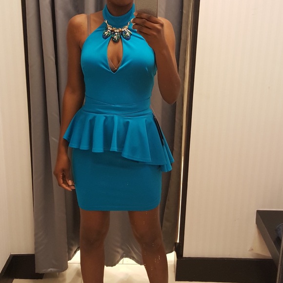 BEBE Blue Halter Mini Dress With Jeweled Neck - Picture 5 of 5